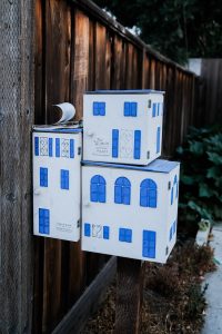 blue and white cardboard box