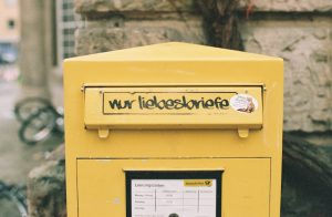 a yellow box with writing on the side of it